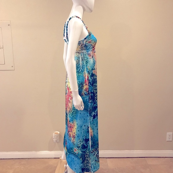 Cristina Love Summer Maxi Dress Women Medium Blue Yellow Touch of Bling Sundress - Picture 6 of 11